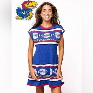 New! QUEEN OF SPARKLES Licensed Kansas Vintage Football Stripes Sweater Dress